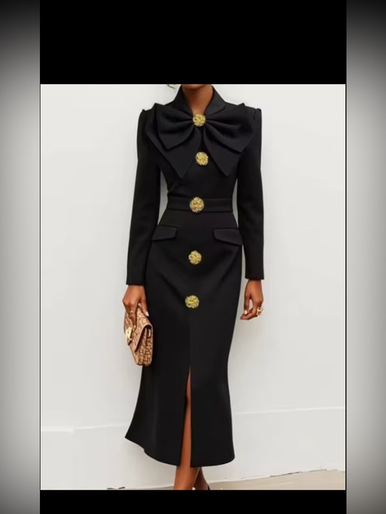 Dresses & Skirts - Elegant Black Midi Dress with Gold Floral Buttons